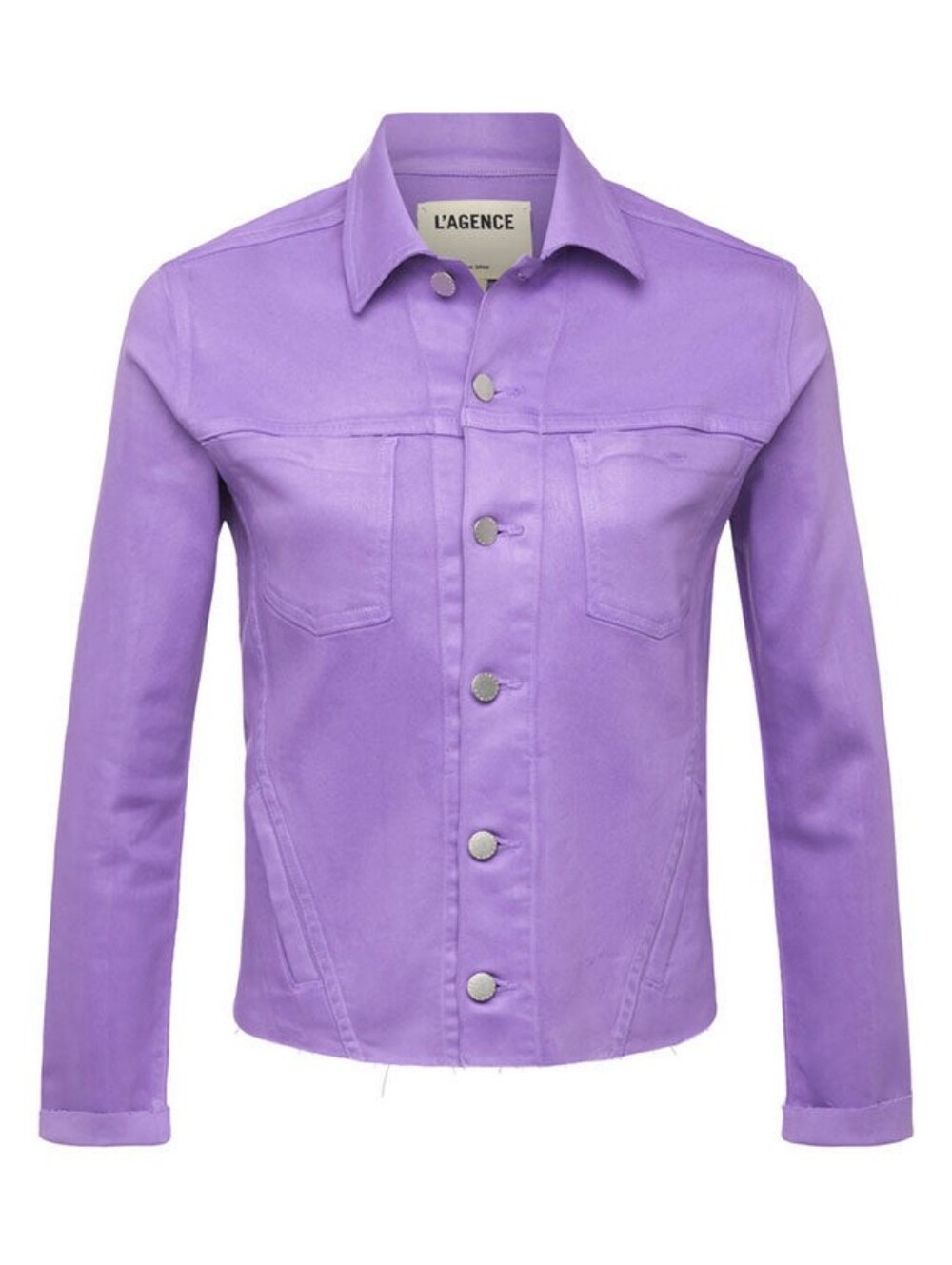 L'Agence Janelle Raw Hem Slim Jacket in Orchid coated denim Sm NWOT